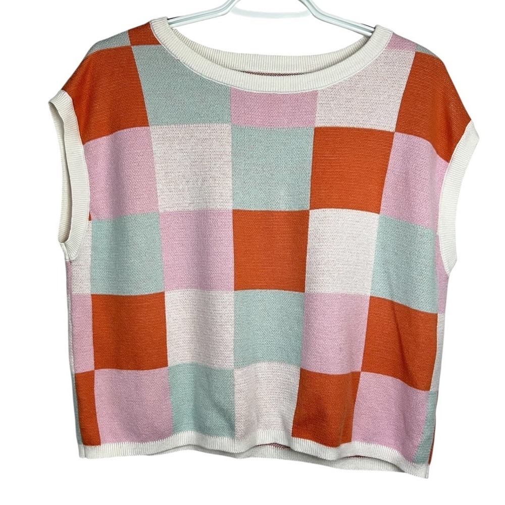 Unbranded Pastel Checkerboard Knit Sweater Vest Orange Pink Mint - Size Medium